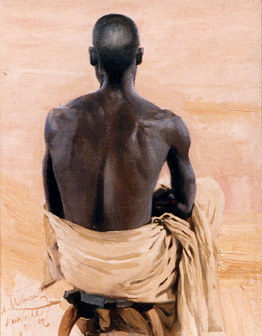 Auf einem Hocker sitzender Eingeborener